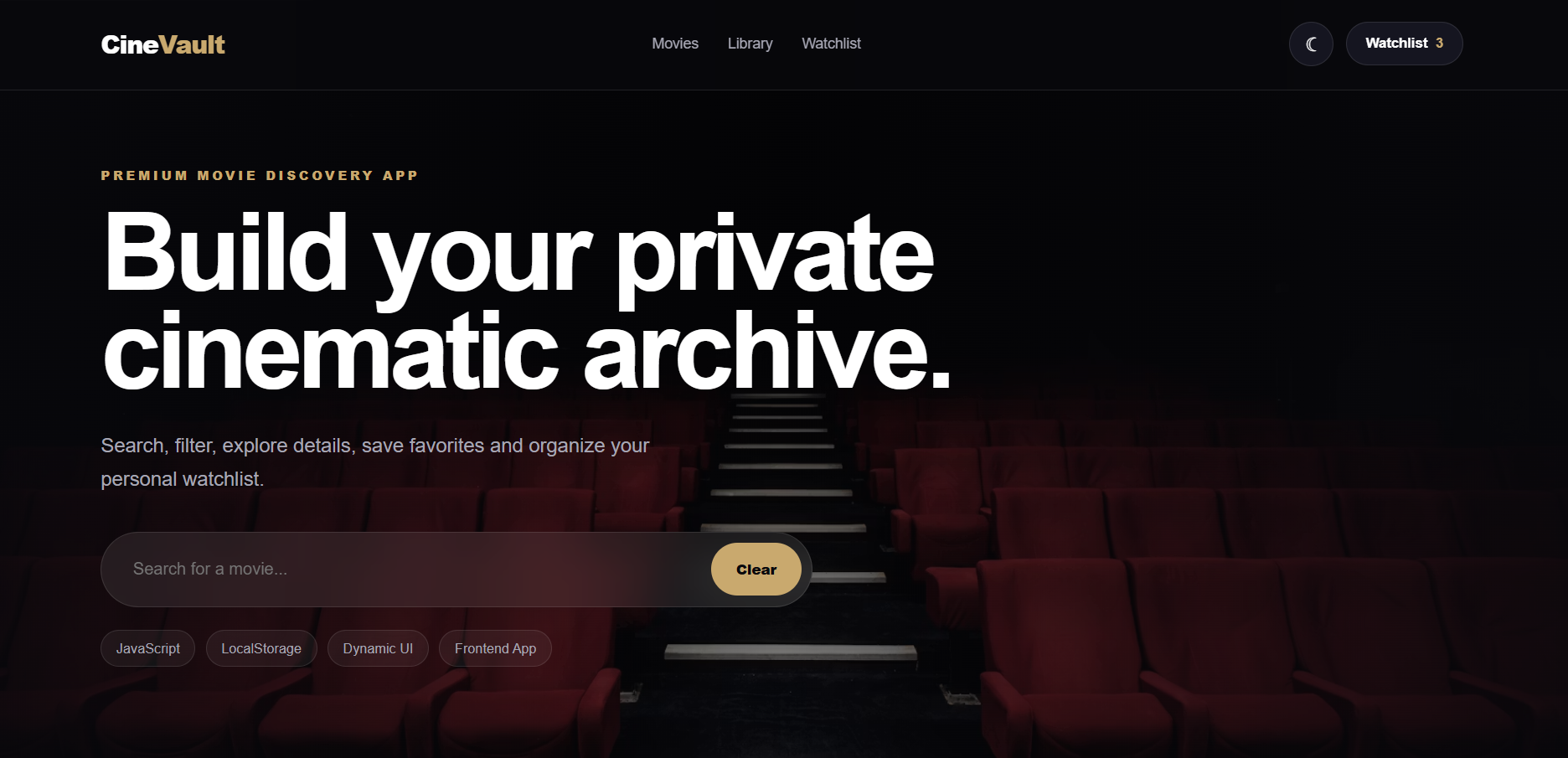 CineVault movie discovery interface with search and filtering